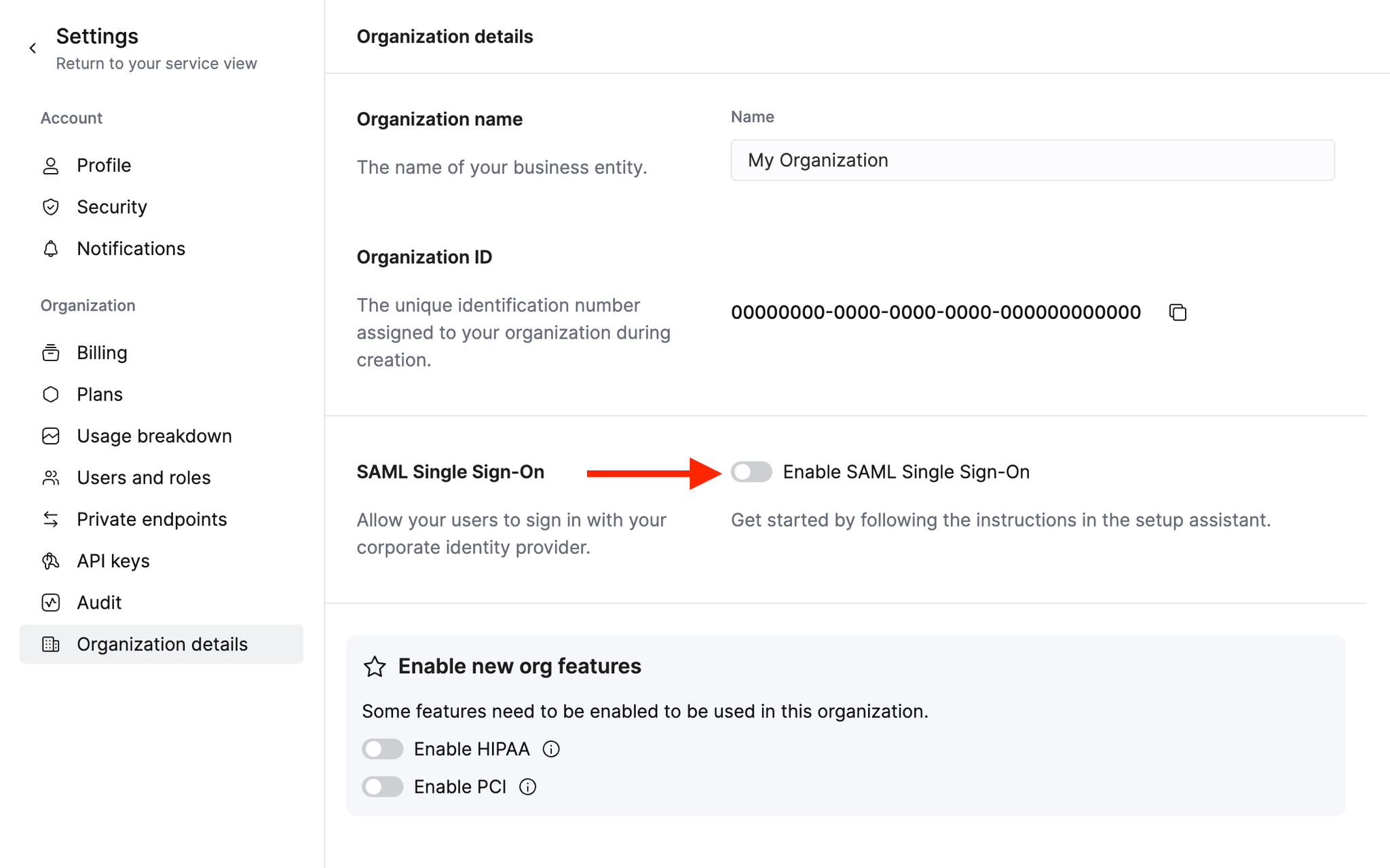 Start SAML setup